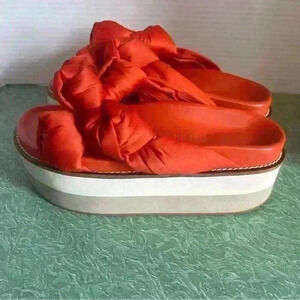 GANNI  SATIN KNOTTED PLATFORM SANDAL SLIDE CROSSOVER STRAPS RED 38 $375